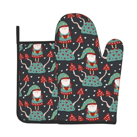 

Tebeau Gnome With Mushroom 2 Print Oven Mitts and Pan Racks 2-Piece Set Kitchen Oven Mitts and Pan Racks Heat Resistant 500 °F for Baking and Cooking
