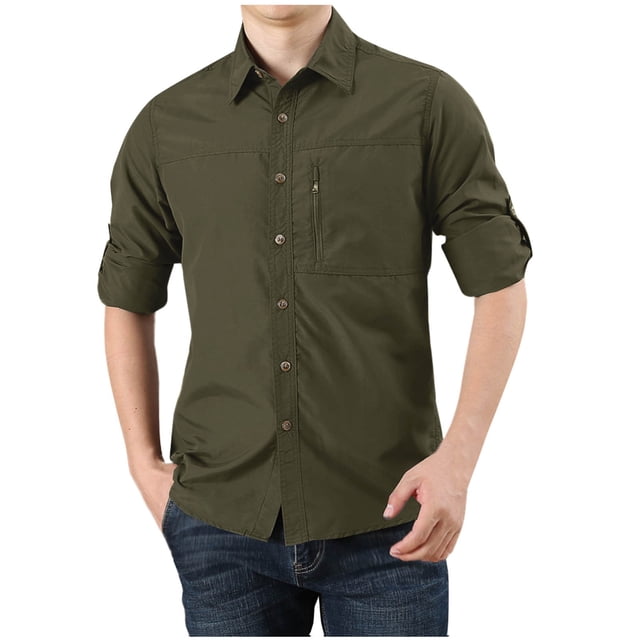 Blusa y camisa de manga larga con cuello vuelto para hombre, estilo casual, color liso, con cremallera, bolsillos y botones, de nailon.