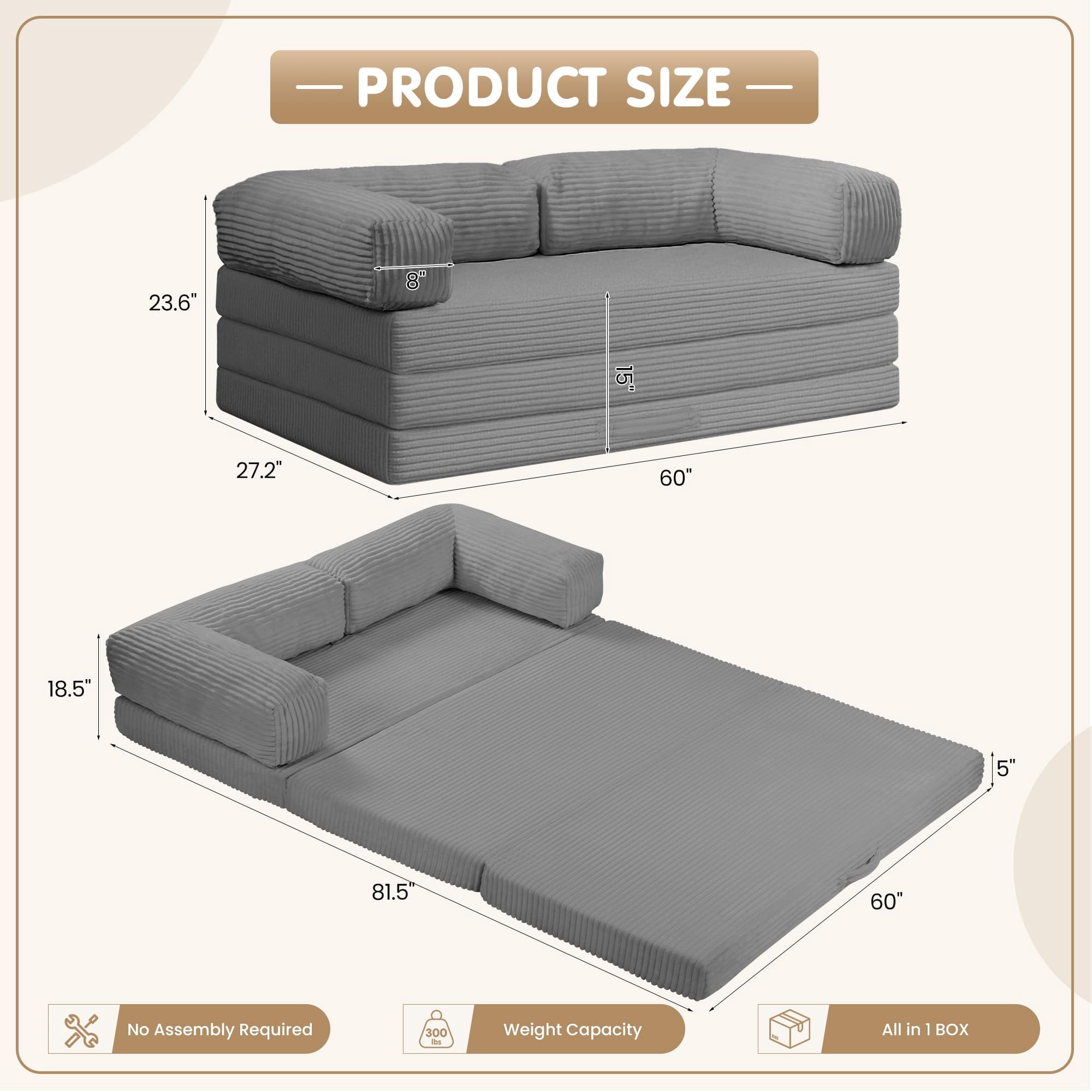 Convertible Sofa Bed Queen,Tri-Fold Boneless Couch with Removable Armrests & Handle,Corduroy Futon Floor Folding Mattress