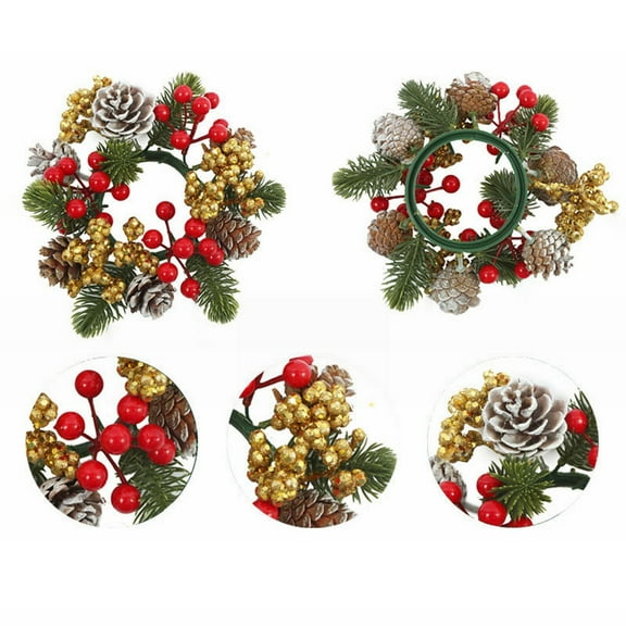 Christmas Candle Rings,Artificial Berries Pinecones Small Candle Wreaths 3 Inch Center,Candle Holder Centerpiece Xmas Table Decoration,Gold
