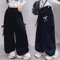 thumbnail image 4 of Pandaie Girls Bow Tie Wide Leg Sweat Pants Elastic High Waist Loose Fit Soft Fabric for Daily Casual Outfits Black,5-6 Years, 4 of 7