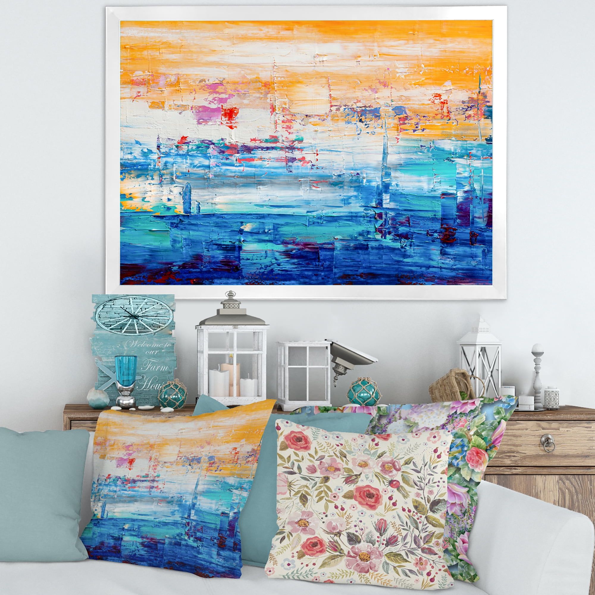 Designart 'Blue Meet Orange Abstract' Modern Framed Art Print