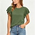 thumbnail image 6 of ClodeEU Women's Crew Neck Ruffle Flutter Sleeve T-Shirt,Solid Short Sleeve Casual Tee Army Green,Women's Plus L, 6 of 8