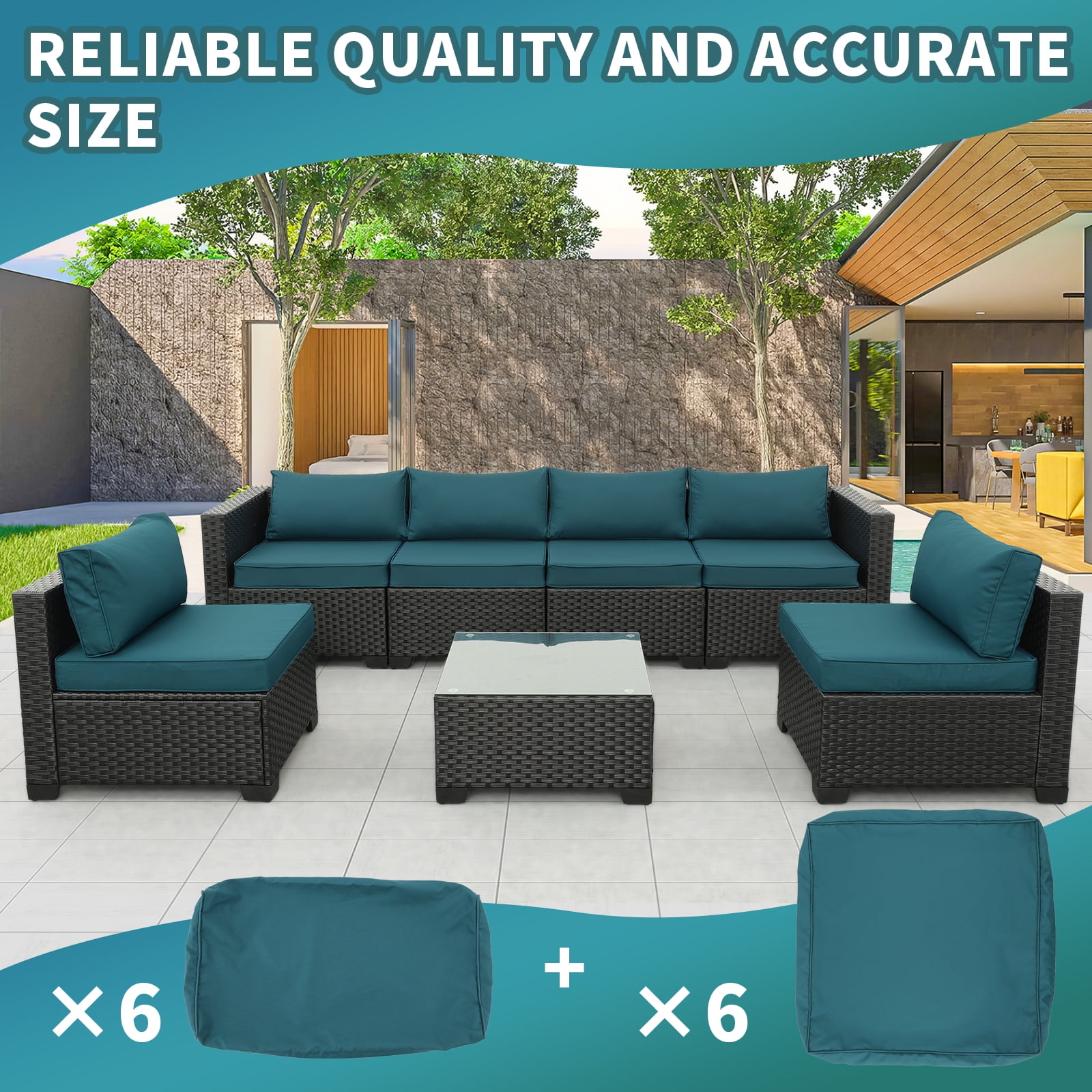Waroom Outdoor Cushion Covers for Patio Furniture Sets, Water-Resistant Cushion Covers Replacement Set of 12pcs, Non-Slip, Peacock Blue