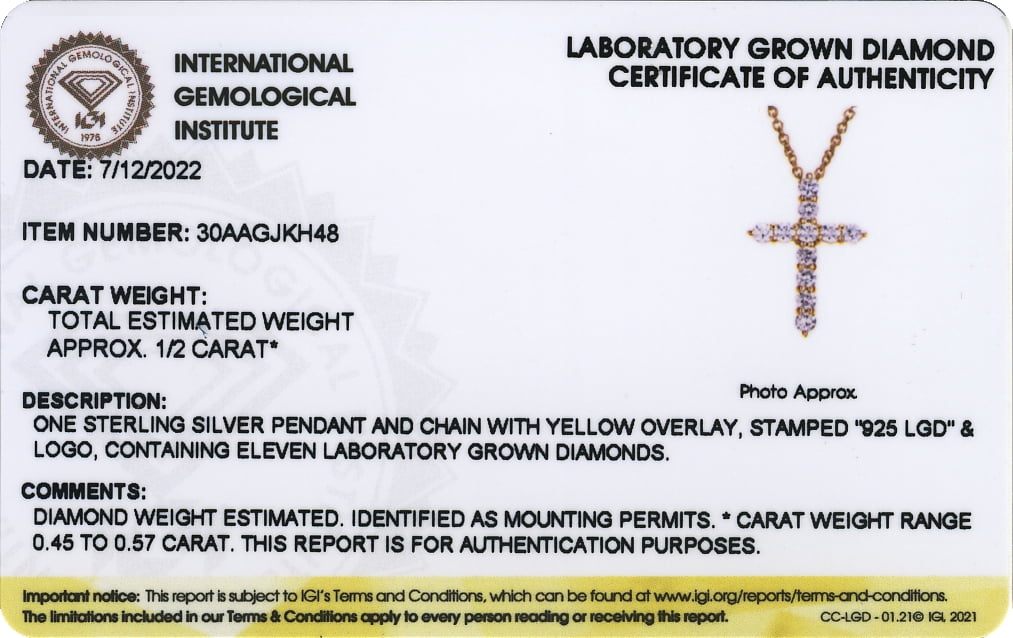 Forever Facets 1/2 CT TW Lab Grown Diamond 18k Gold over Sterling Silver Cross Necklace, Adult Female