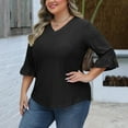 thumbnail image 6 of Otntypg Plus Size 3/4 Length Sleeve Womens Tops Summer Loose V-Neck Eyelet T-Shirts Dressy Casual Ruffle Sleeve Textured Tunic Blouses Black XXL, 6 of 9