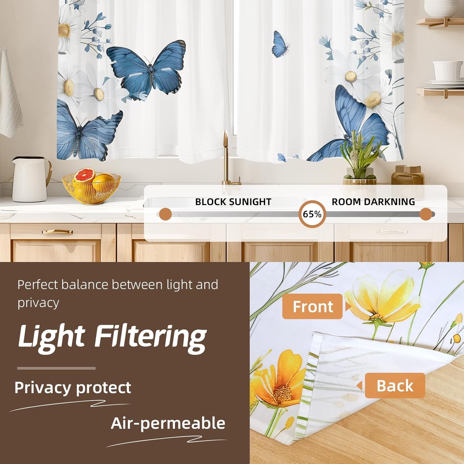 Kitchen Curtains (2 Pcs) Over Sink for Bathroom Window Cafe Basement Cortinas para Cocina Farmhouse Short Mini Curtain Flower Bee Summer Daisy Elegant Country Rustic Modern Cute - 27.5×36"