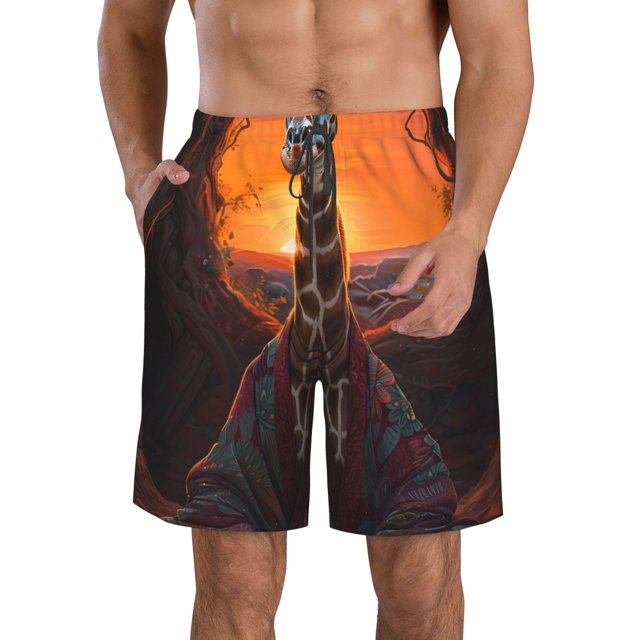 Balery Tree Hollow Meditating Giraffe Traje de Baño Estilo Hawaiano para Hombre, Shorts de Secado Rápido con Bolsillos-Medium