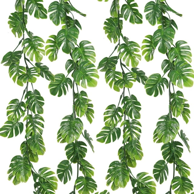 Nvzi 4 enredaderas de hojas artificiales de Monstera de 5,9 pies, plantas colgantes falsas, hojas de palma de hiedra, enredaderas verdes, guirnalda de Monstera tropical falsa
