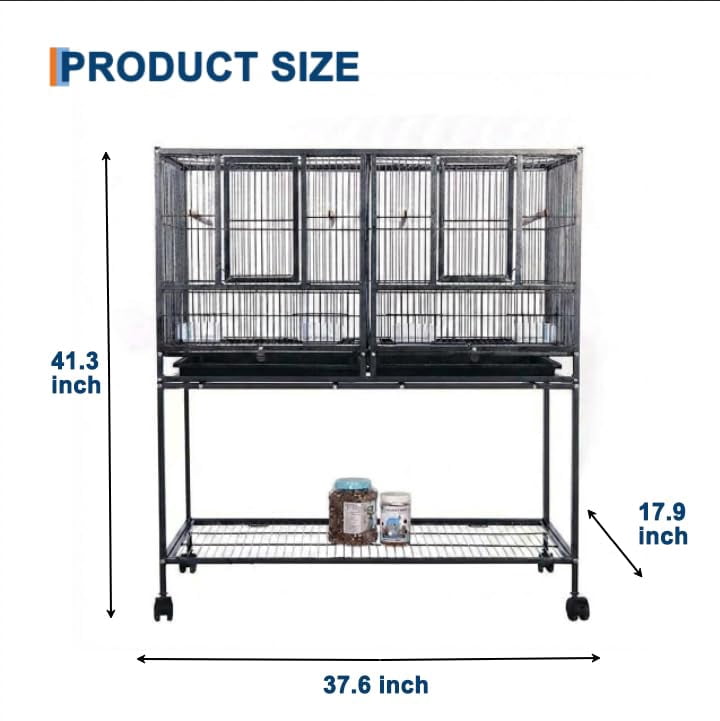 41 Inch Divided Breeding Flight Bird Cage with Rolling Stand. Detachable Breeder Parakeet Cage with Perches Food Boxes Slide-Out Tray. Large Bird Cages for Parrots Parakeet  Cockatiel Lovebird