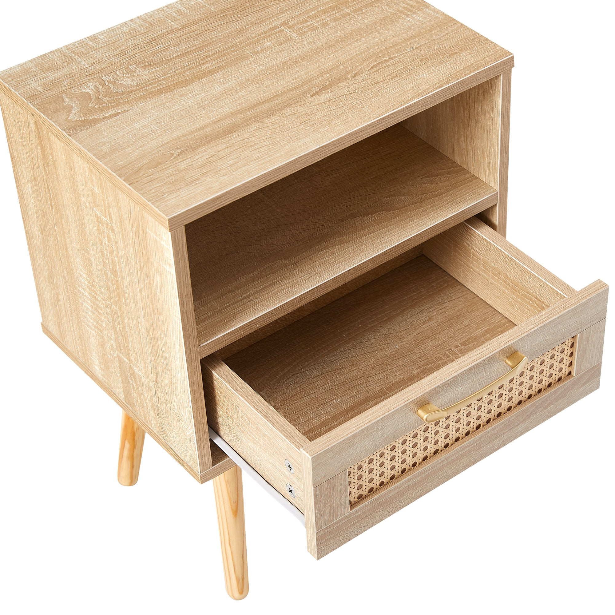 Kepooman Rattan Nightstand, 15.75" Bedside Table with Drawer and Solid Wood Legs, Wood End Table for Bedroom, Natural Kepooman Rattan Nightstand, 15.75" Bedside Table with Drawer and Solid Wood Legs, Wood End Table for Bedroom, Natural