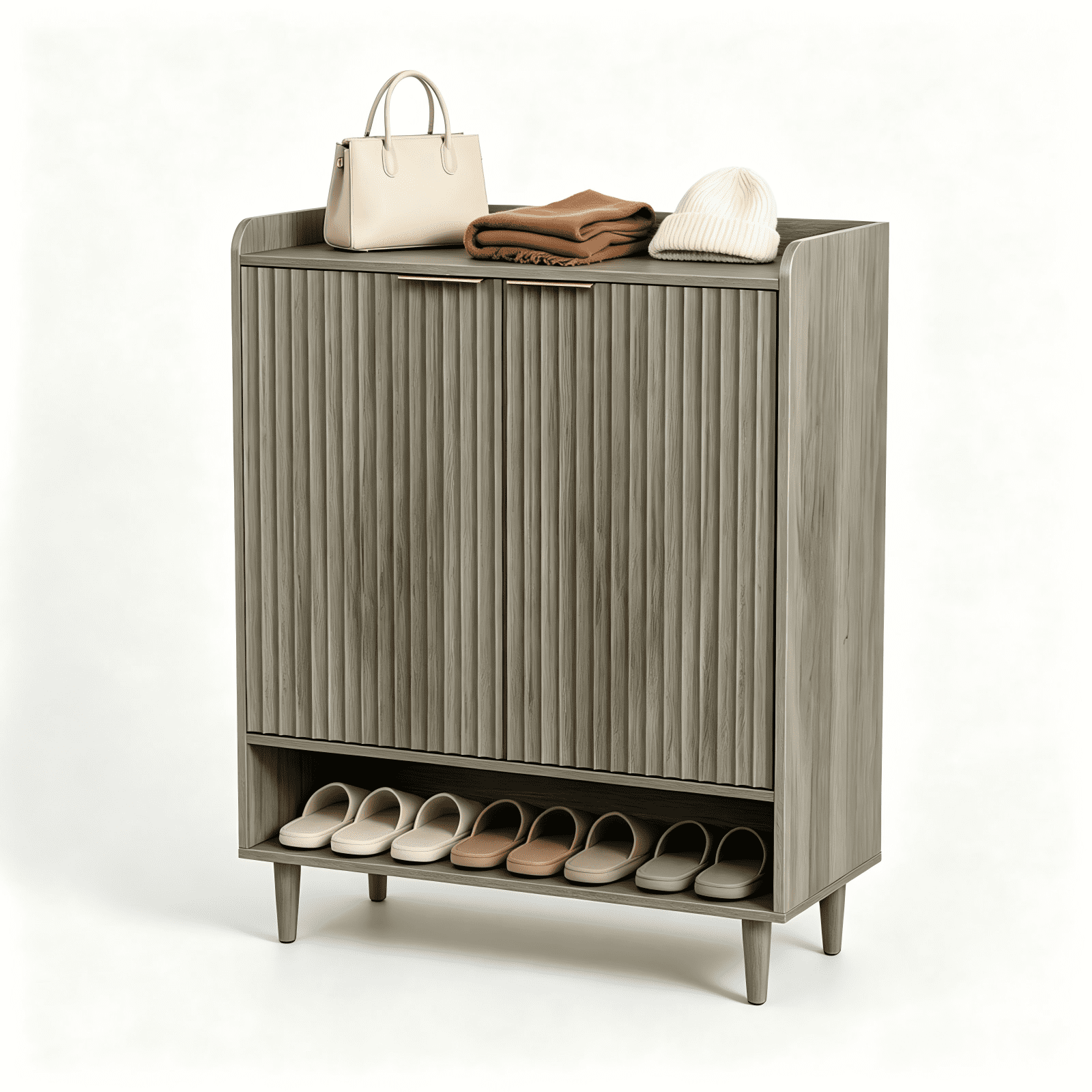 2 Cabinet Doors with Top Railing and 1 Row of Shelves for Shoe Cabinets Melamine Board + MDF Conical Leg Grille Shoe Cabinet, 31.61*14.17*41.97in, Grey Oak