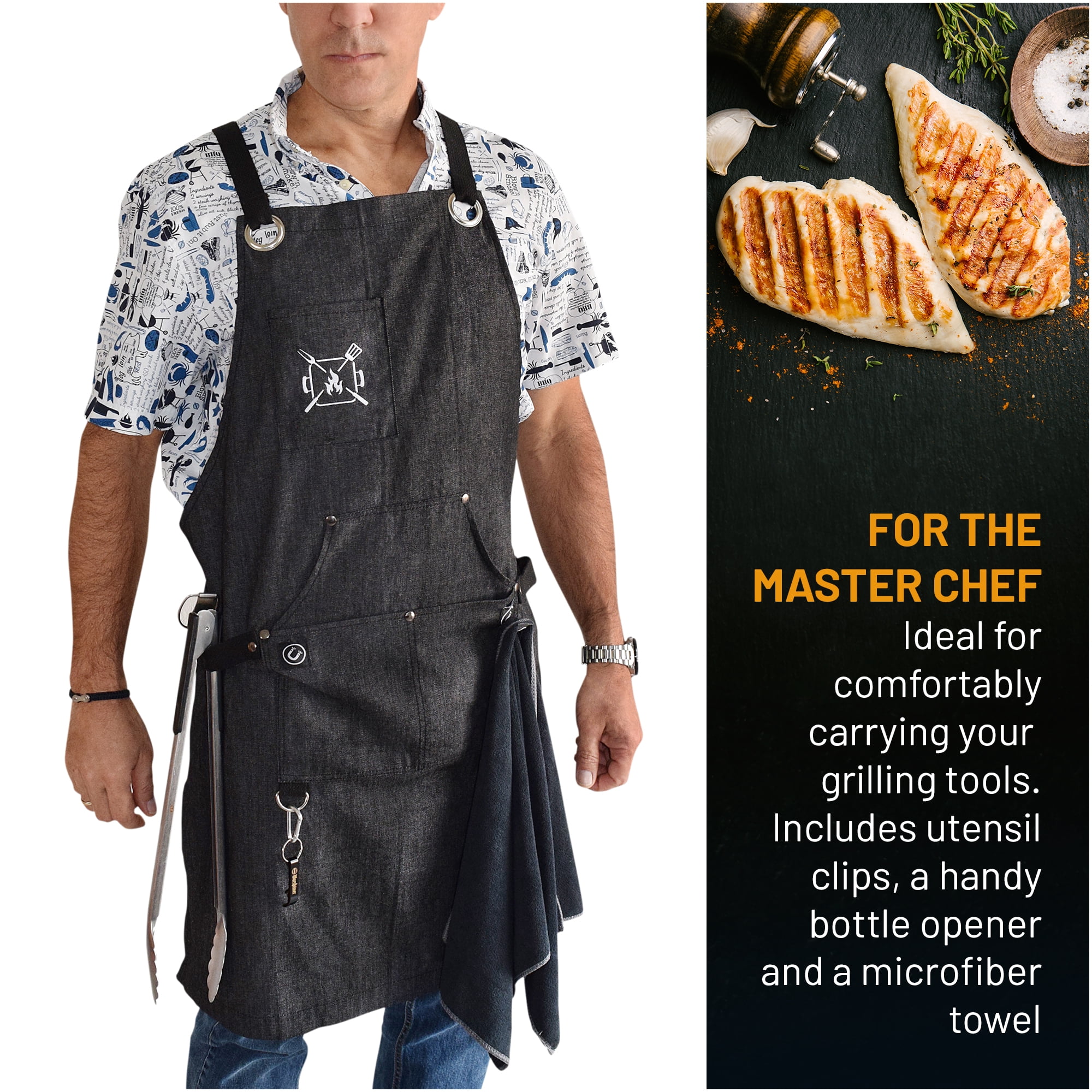 Kitchen Apron for Men | Professional Grade made for Cooking, BBQ, Grill, Chef | Quick-Release Buckle, with Magnetic BBQ Towel and Grill Tool Pockets and Holders. 10 oz. Cotton.