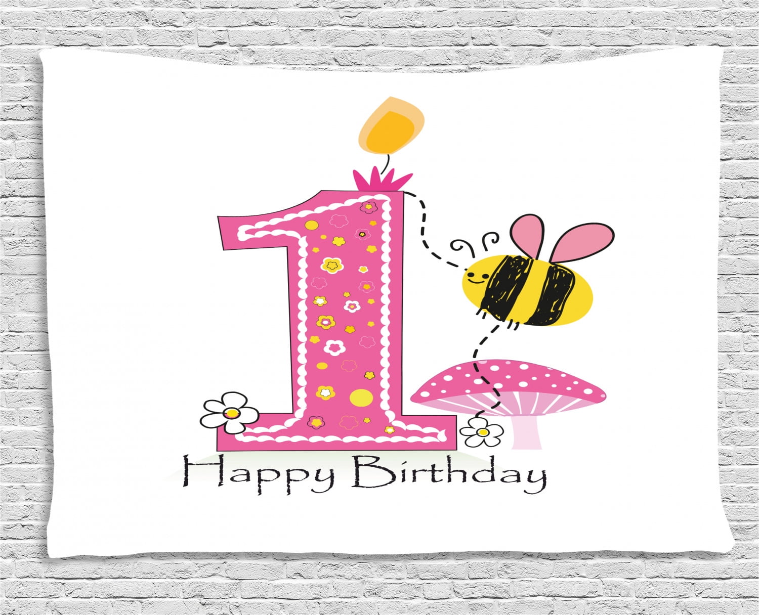 1st Birthday Decorations Tapestry Cartoon Like Image With Bees Party Cake Candle Print Wall Hanging For Bedroom Living Room Dorm Decor 60w X 40l