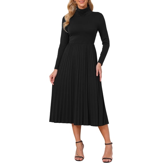 INSPIRE CHIC Women's Pleated Knit Dress Long Sleeve Turtleneck Business Casual Sweater A-Line Midi Dresses Fall Winter Outfits S Black