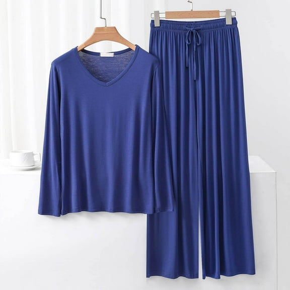 pstuiky Womens Pajama Set Oversized Solid Color Lace Pajama Sets with Pants Leisure Loose Fit V-Neck Long Sleeve Sleepwear Blue XL