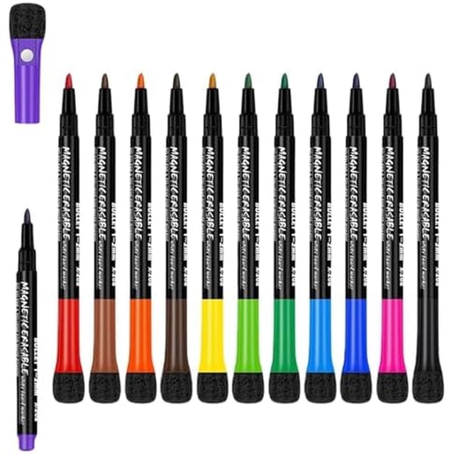 Magnetic Dry Erase Whiteboard Markers, 8 Count Colorful Fine Tip Thin Dry Erase Markers with Eraser for Home Office School Supplies-Brilliant (12 Pcs) 12 Pcs 12 Pcs