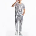 thumbnail image 5 of RYDCOT Men's Metallic Glossy V Neck Short Sleeve T Shirt and Pants 2 Piece Set Jacket Men Straight Leg Trousers Costume for Men Disco Cosplay Party Silver, 5 of 7