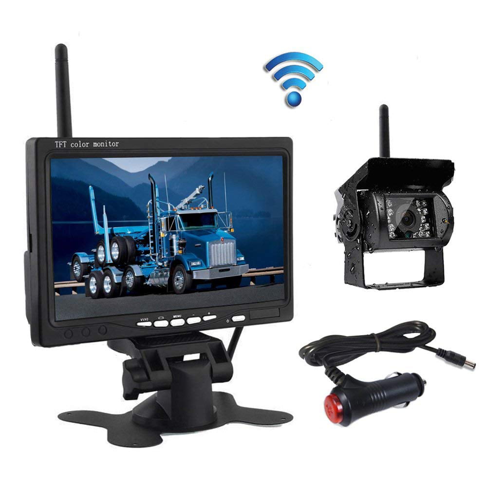 Wireless 7" LCD Monitor 12V-24V 2x RV Truck Trailer IR Rear View Backup Camera 