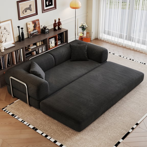 Leumius 78.8" Convertible Sofa Bed with Fixed-Shape Frame & Support Armrest,Modular Corduroy Sleeper Sofa,Boneless Couch Folding Mattress Couch for Small Spaces - No Assembly Needed,Black