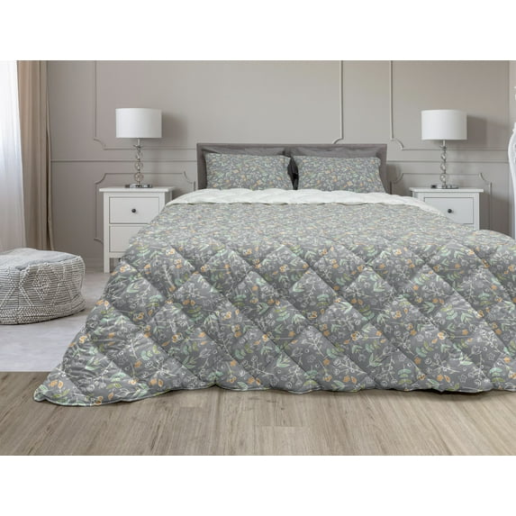 Botanical Comforter & Sham Bedding Set, Garden Blossoms with Flowers, 3 pcs Duvet Set Microfiber Filling Quilt, 5 Sizes, Purpleblue Mint Green, by Ambesonne