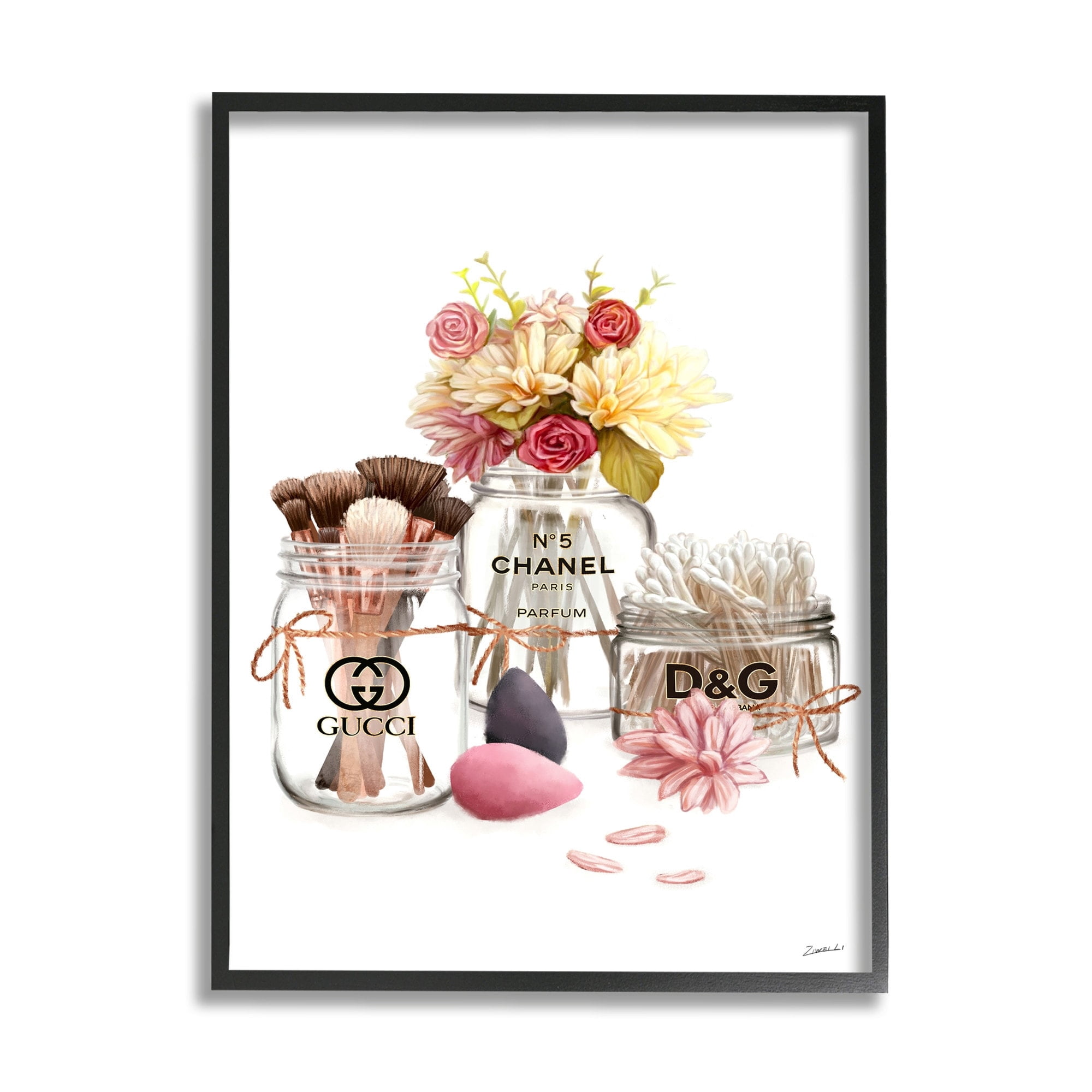 Stupell Industries Florals in Fashion Jars Cosmetic Accessories Toiletries Design by Ziwei Li, 11" x 14", Gray Framed
