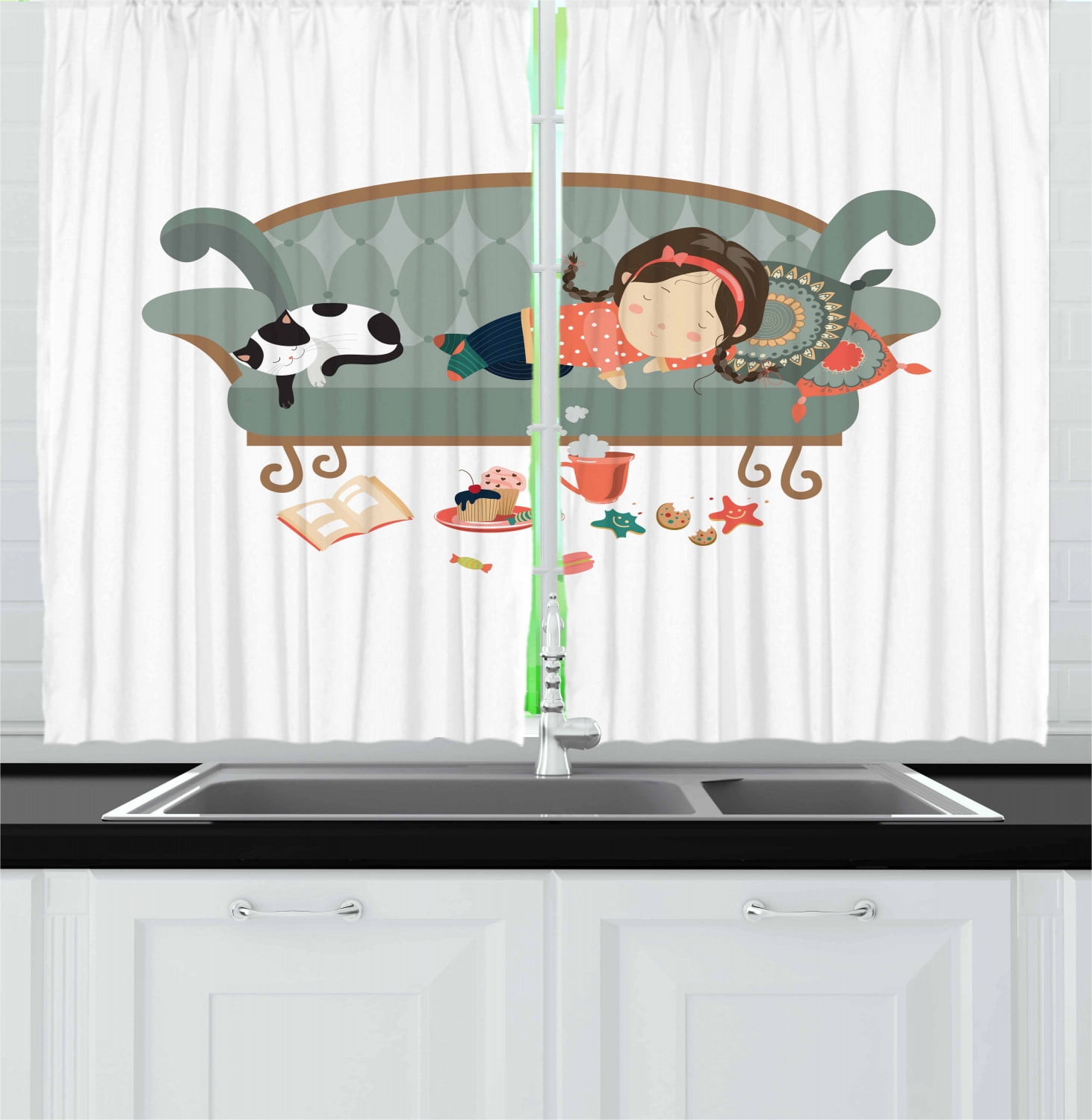 Kitten Curtains 2 Panels Set, Sleeping Young Girl with Her Cat at Sofa Coffee Cookies Book and Candy Pastel Colors, Window Drapes for Living Room Bedroom, 55W X 39L Inches, Multicolor, by Ambesonne
