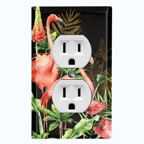 Metal Light Switch Plate Outlet Cover Tropical Pink Flamingo Flower Leaves Black FGO008