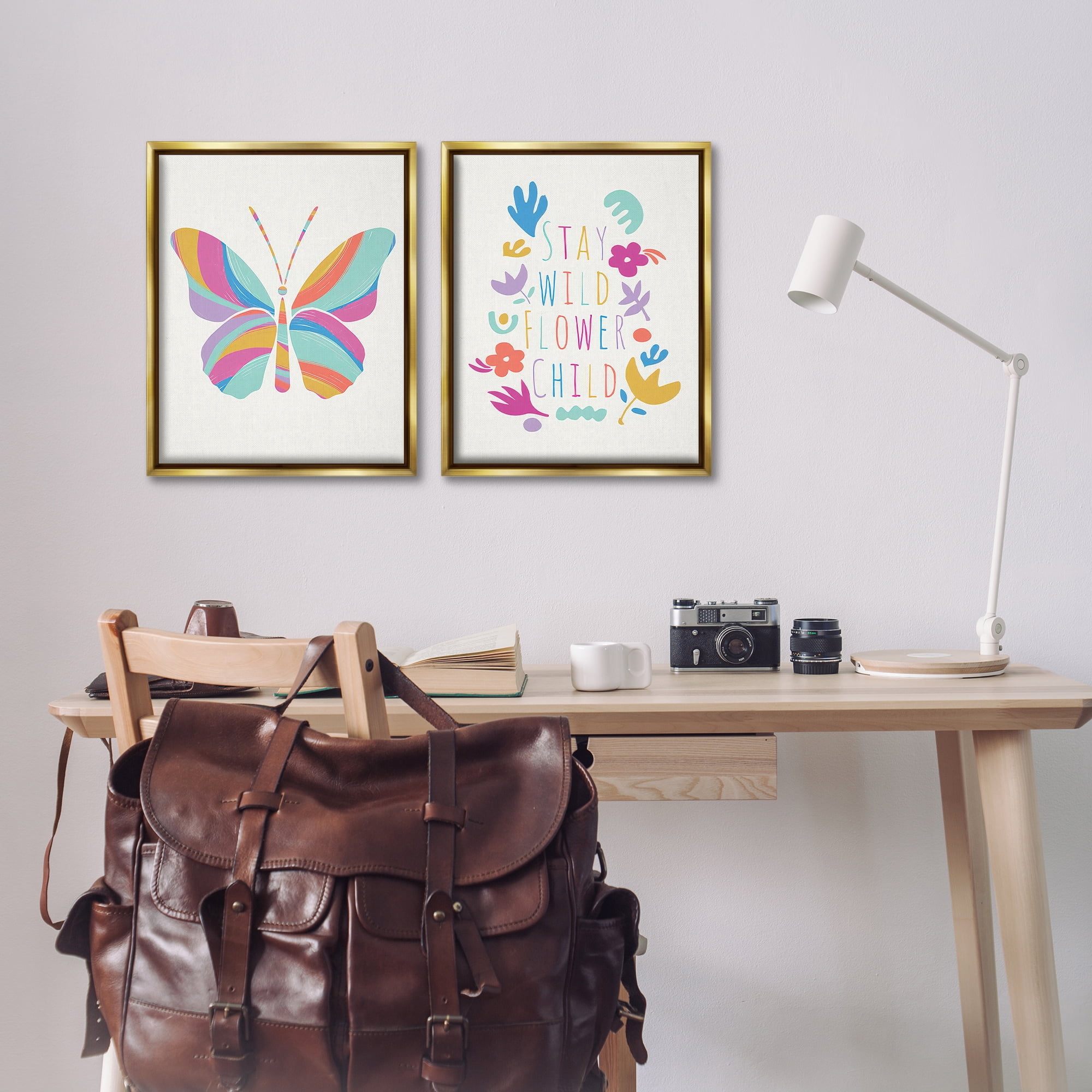 Stupell Industries Stay Wild Butterfly Text & Numbers Painting Gold Floater Framed Canvas Art Print Wall Art, 17 x 21, Set of 2