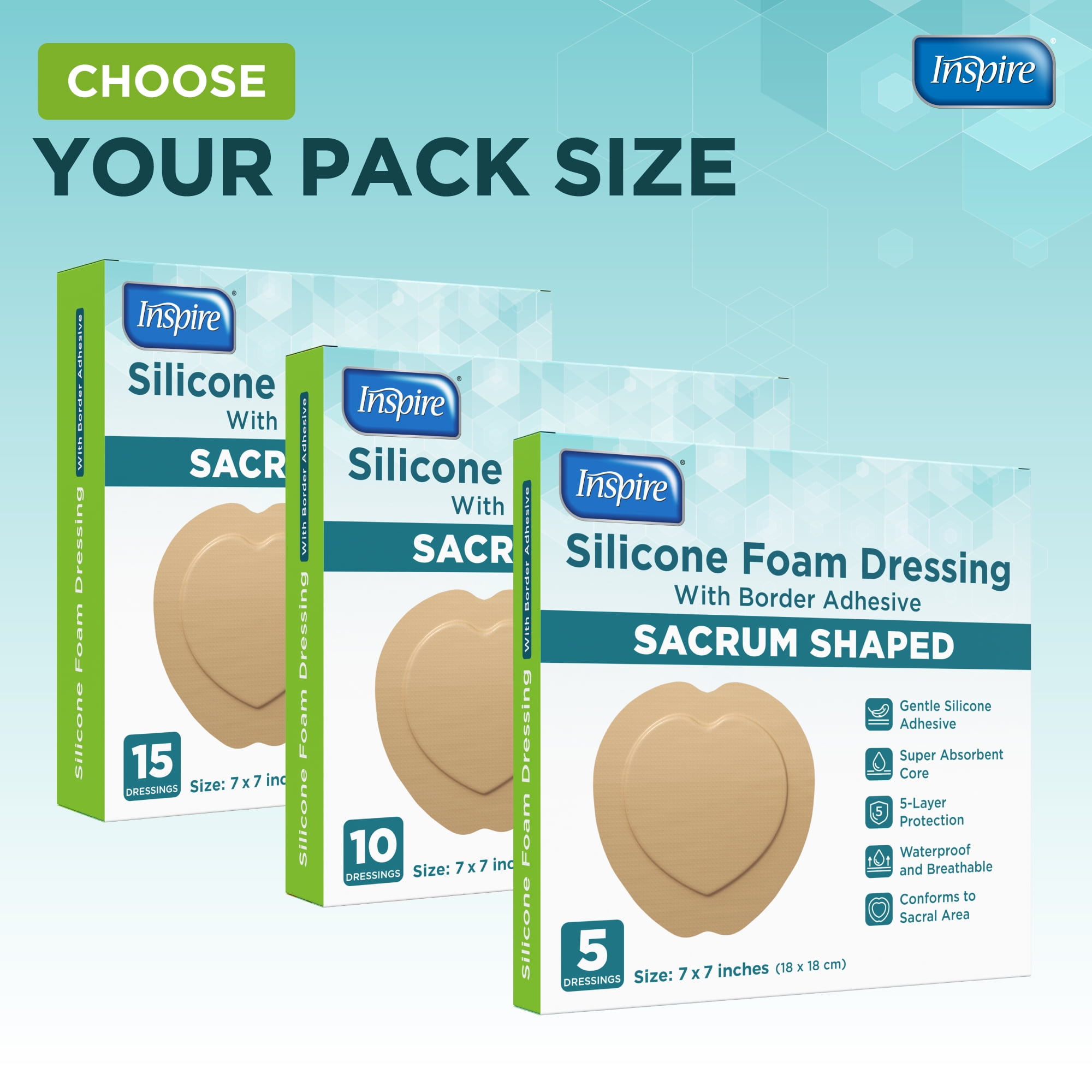 Inspire Sacral Silicone Foam Dressing Large Waterproof Bandages for Wounds, Burns & Bed Sores Safe for Sensitive Skin, Adhesive Pad Sacrum Dressings for Post-Surgery Wound Care (7 x 7 In) (10 Pack)