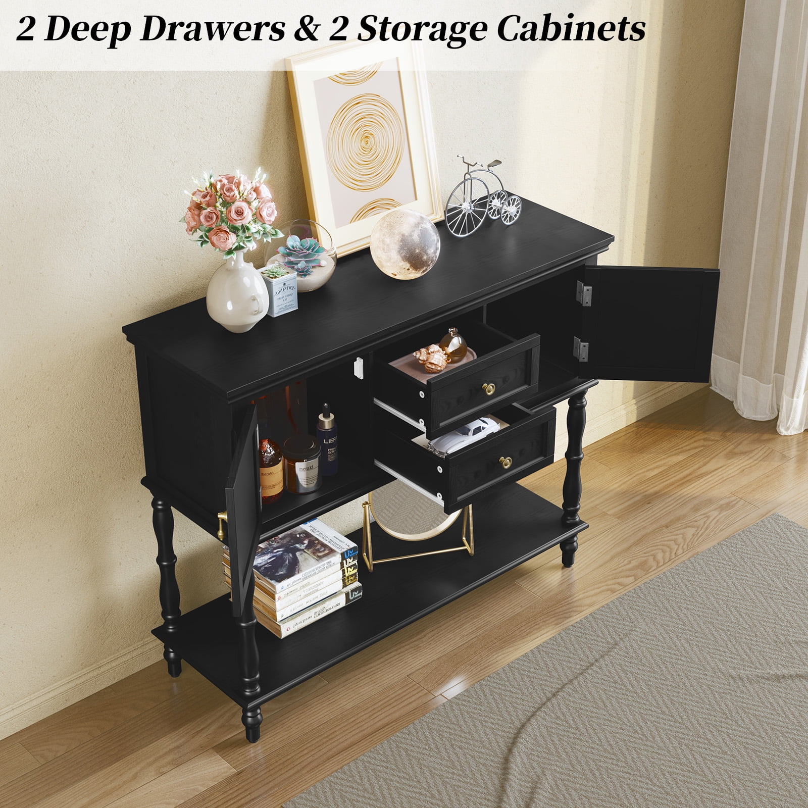 CBJCBJ 42" Farmhouse Console Table , 2 Drawer Narrow Long Entryway Table with Open Storage Shelf , for Living Room, Black