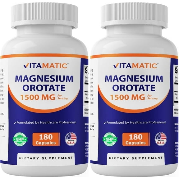 Vitamatic Magnesium Orotate Supplement – 1500mg per Serving, 180 Capsules – Supports Muscle, Nerve and Heart Health - Non-GMO, Gluten Free - 2 pack