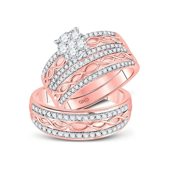 10kt Rose Gold His Hers Round Diamond Cluster Matching Bridal Wedding Ring Band Set 1.00 Cttw