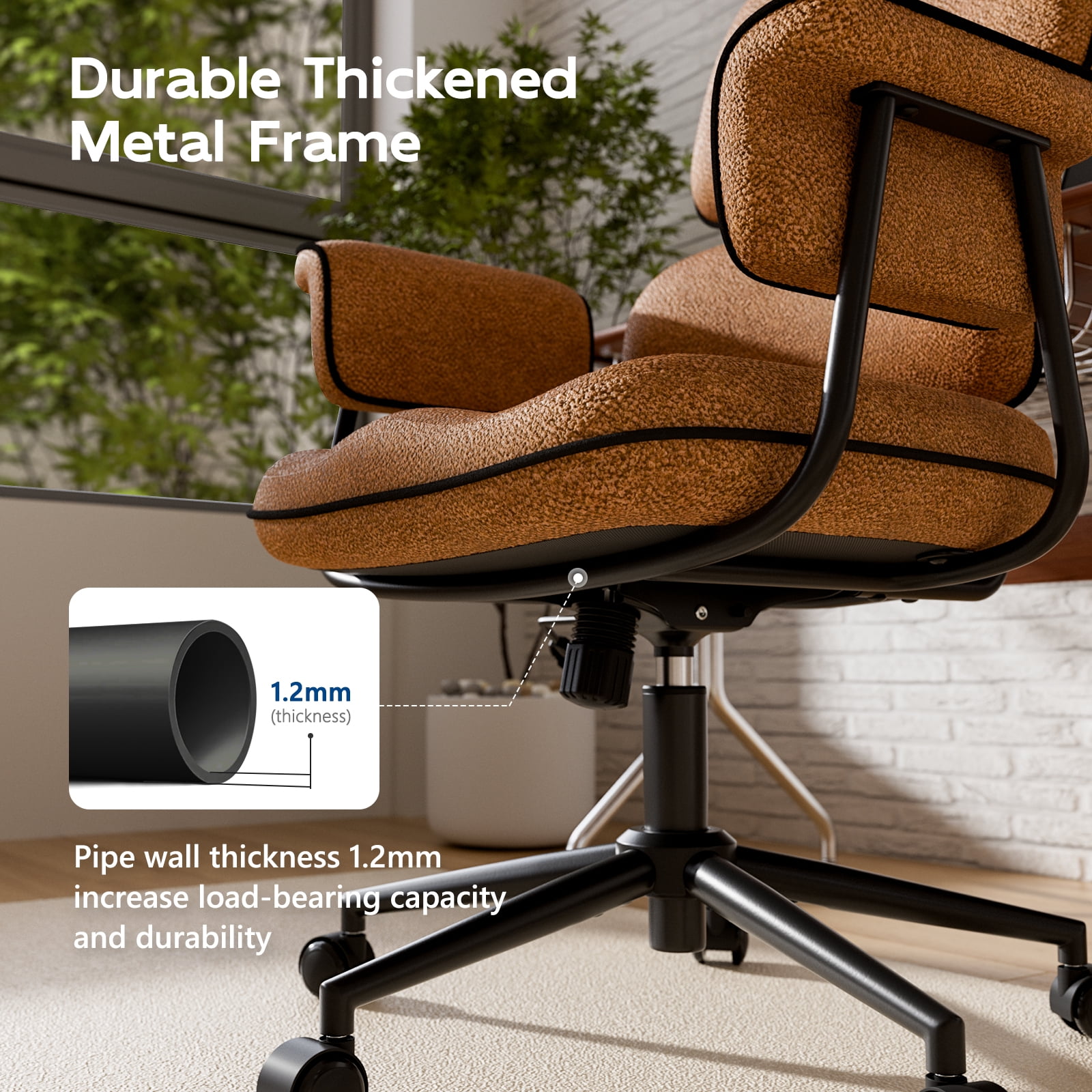 Genpo Desk Chair with Wheels and Arms, Brown Linen Fabric Executive Office Chair with Memory Foam Wide Seat, Padded Arms, Lumbar Support and Adjustable Height