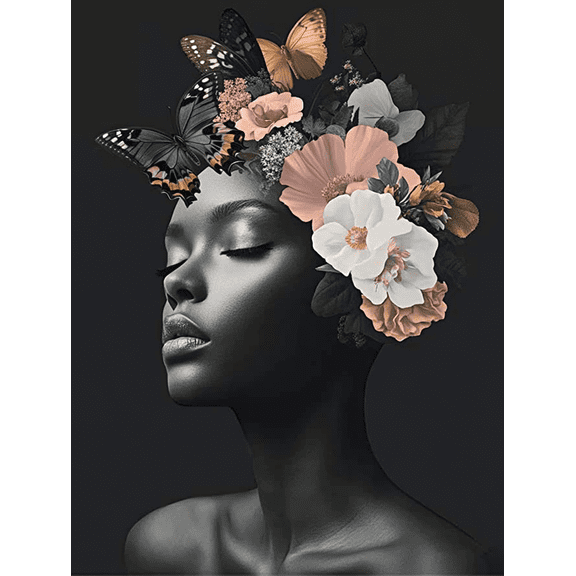 Black Woman Floral Butterfly Canvas Wall ArtSuitable for Living Room Office Kitchen and More