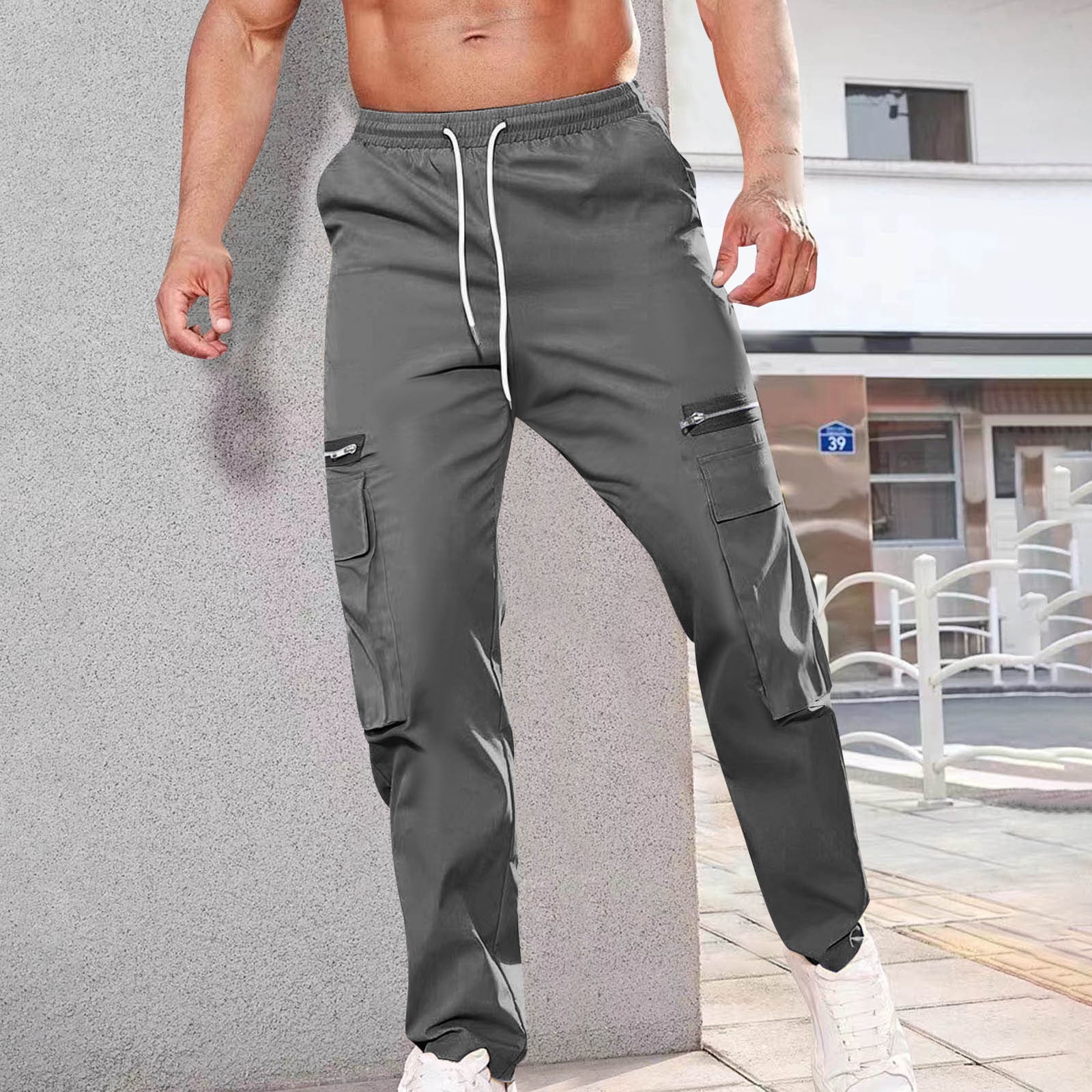 AherBiu Cargo Pants For Men Drawstring Elastic Waisted Straight Leg Swaetpants With Multi Pockets Casual Athletic Workout Trousers