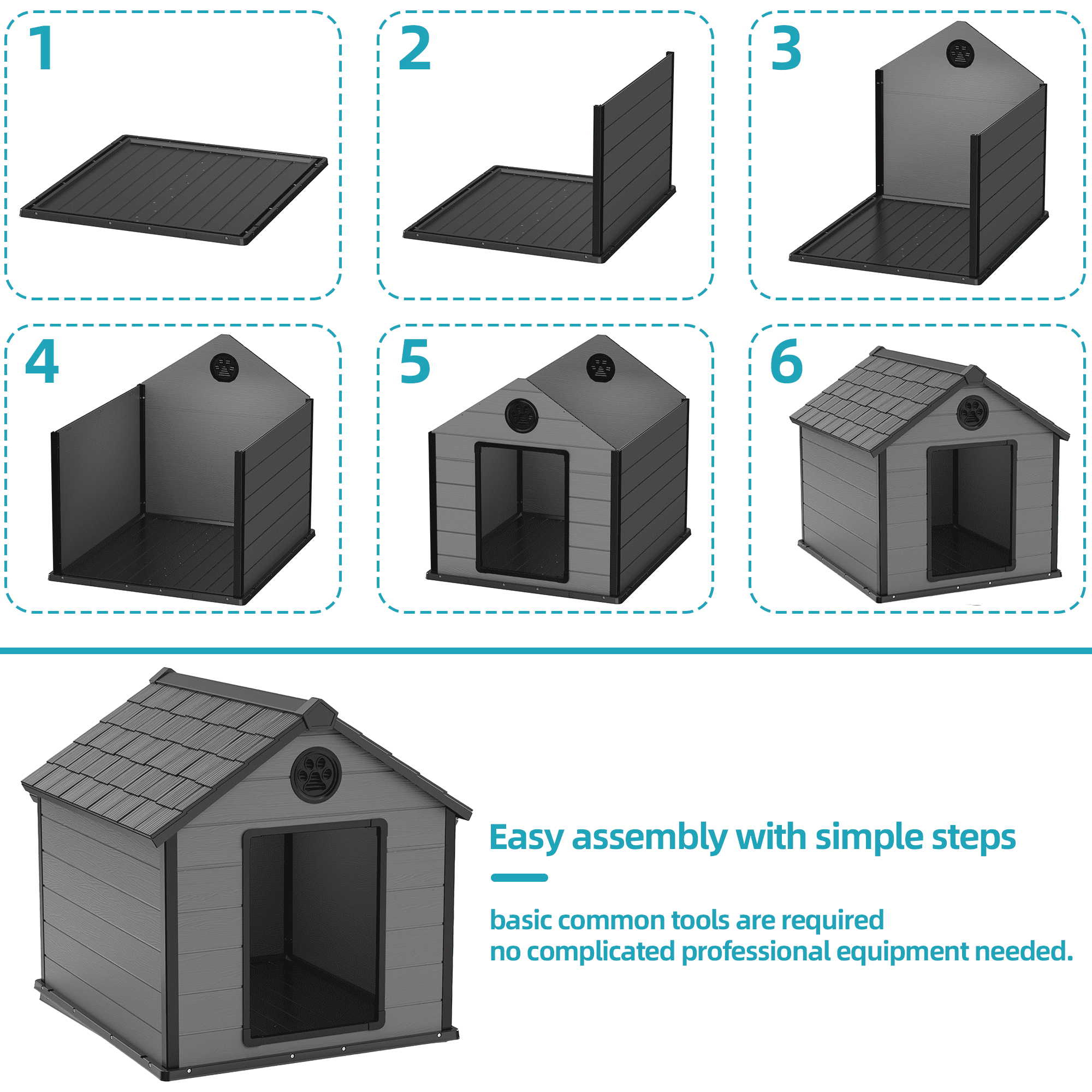 fazzn Large Dog House Outdoor, Insulated Waterproof Resin Dog Kennel with Elevated Floor, All-Weather Dog Shelter for Medium Large Dogs, Easy Assembly.Black-gray,Father's Day Gift