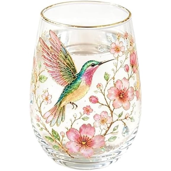 Hummingbird Glass Tea Cup, Gold Rimmed, Clear, 14 Oz, Garden Art Tumbler, Gift for Mom