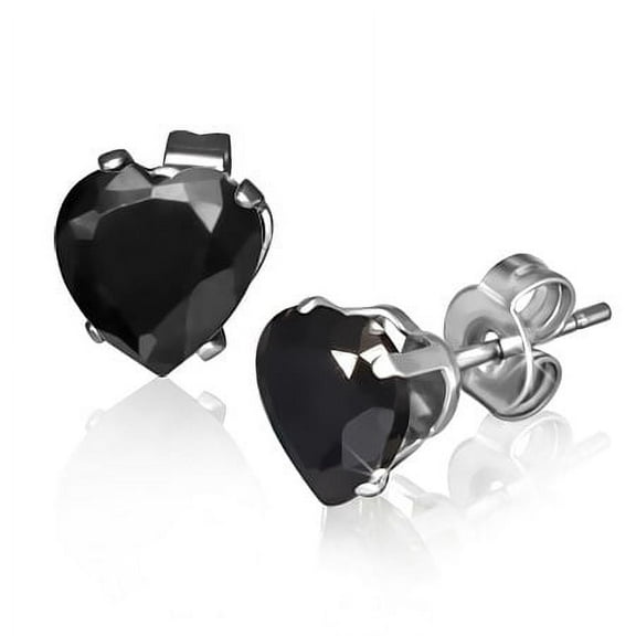 Stainless Steel Black CZ Love Heart-Shaped Womens Stud Earrings