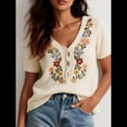 thumbnail image 3 of Suéter de Corta para Mujer, Estilo Retro con Bordado Floral, Blusa Campesina Cuello en V y Lazo Frontal Verano. M, 3 of 5