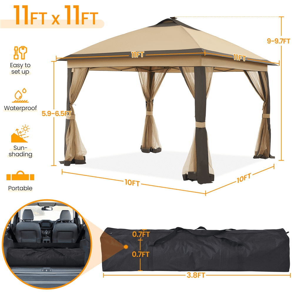 Alden Design Pop-Up Canopy Metal Frame Outdoor Gazebo with Double Tiers and Mesh Netting Solar LED Lights for Weddings Patio Garden Khaki/Brown