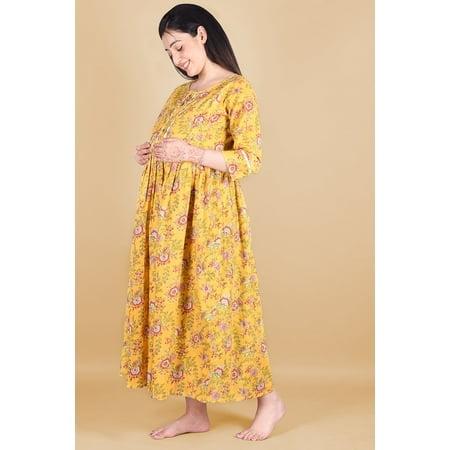 

Mustard Floral Block Printed Maternity Dress