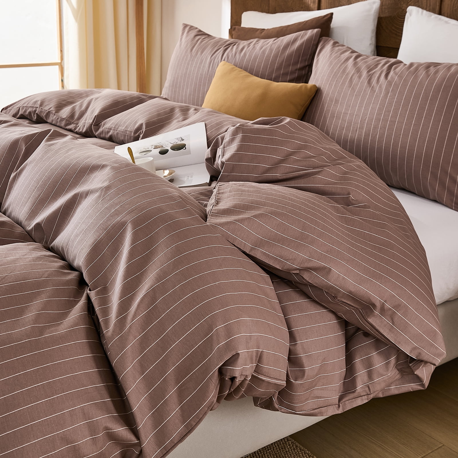 Brown Striped Duvet Cover Set Queen Size, 100% Natural Cotton Linen Like Duvet Cover Set with Zipper Closure & 8 Corner Ties, Brown Khaki Soft Reversible Bedding for All Seasons