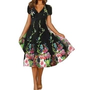 Zdcdcd Womens Fashion A-Line Short Sleeve Floral Print Casual Summer Loose Flowy Dress