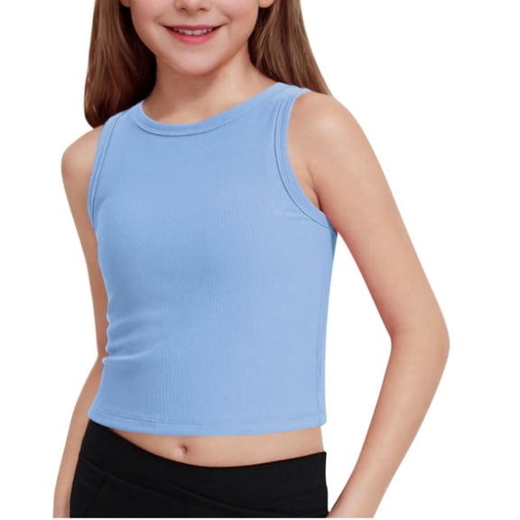 Xijirk Girls Shirts,Tank Tops Athletic Ribbed Knit High Neck Crop Top for Gym Yoga Dance Practice Soft Stretchy for Daily Wear Sports,Boys Shirts,11-12 Years,Light Blue
