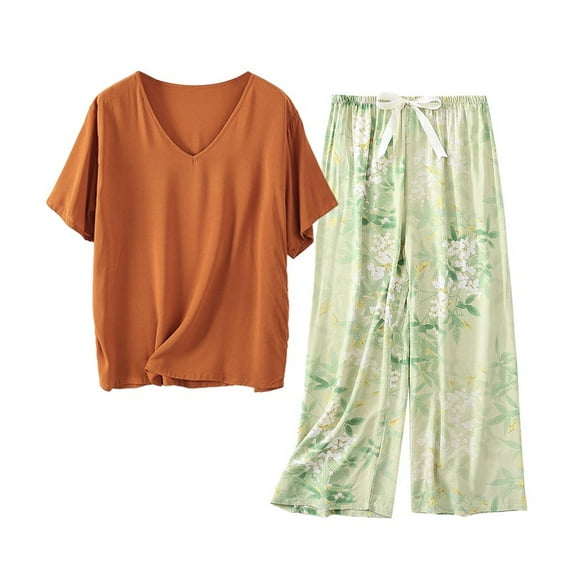 Runfenguu Girls Summer Outfits Women' Casual Loose Print Short Sleeve V-Neck Blouses Pants Sets