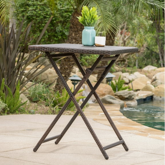 Folding Outdoor Bar Table - 41" Height Rattan Look with Powder-Coated Iron Frame, Weather Resistant for Patio & Garden