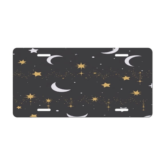 Golden Stars And Moons Pattern Car Decorative Front License Plate,Vanity Tag,Metal Car Plate,Aluminum Novelty License Plate for Men/Women Car,6 X 12 Inch