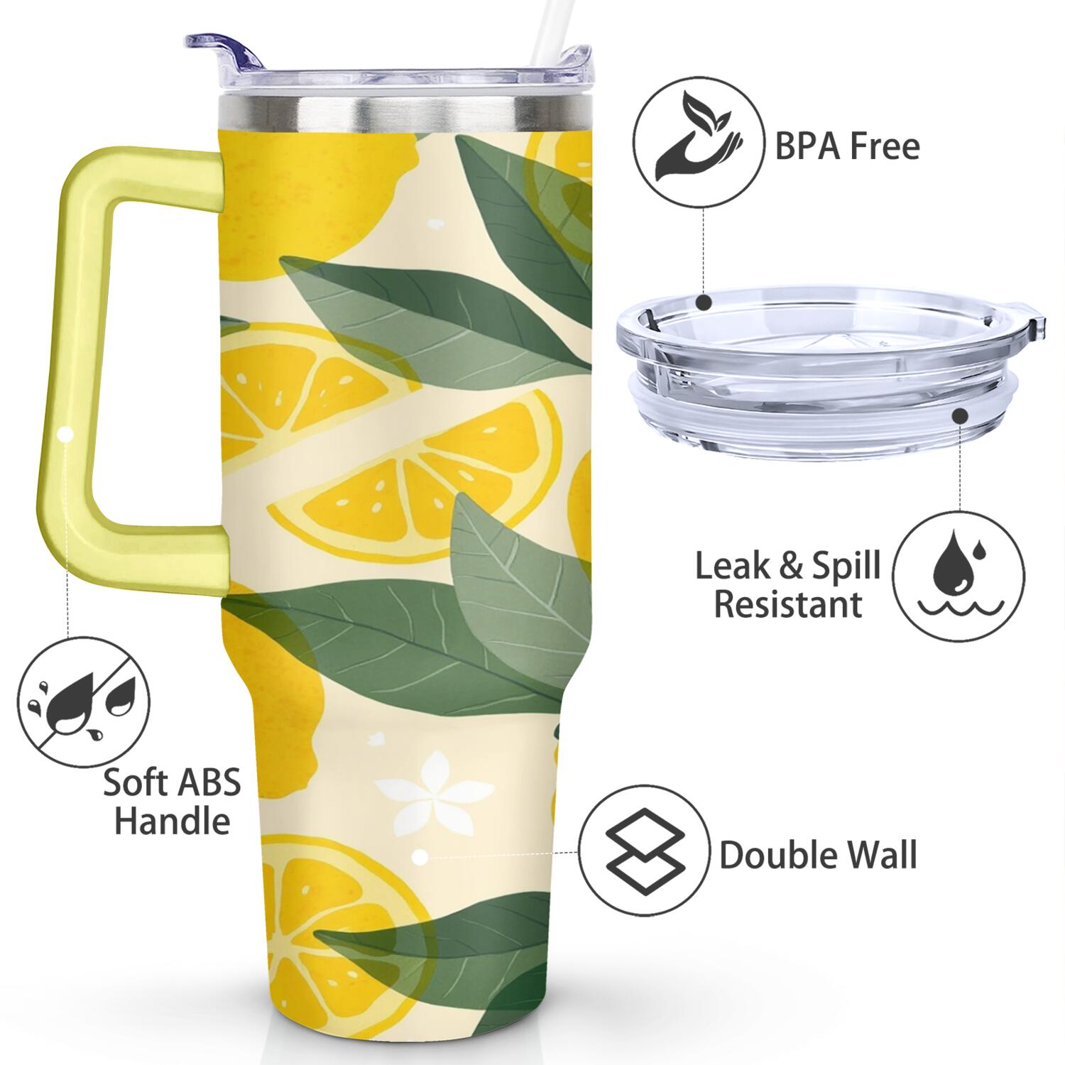 40 oz Lemon Tumbler with Handle Double Wall Vacuum Insulation Water Bottle Gift for Women Men