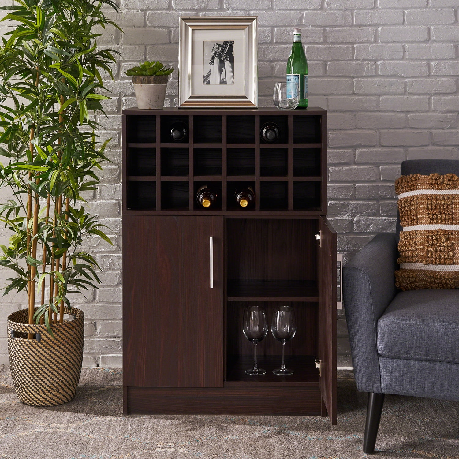 Kadyn Modern Wine Rack Bar Cabinet, Fiberboard Wine Bar Cabinet for Home Bar, Mid Century Bar Cabinet with Storage Space, Walnut